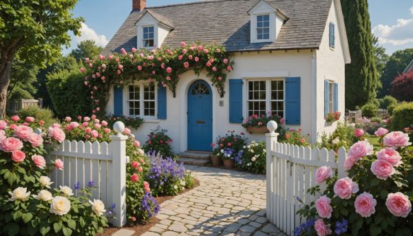 Rosiers grimpants et massifs colorés autour de la maison